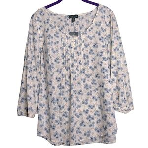 LRL Lauren Jeans Co ivory & blue floral blouse with pintuck M NWT